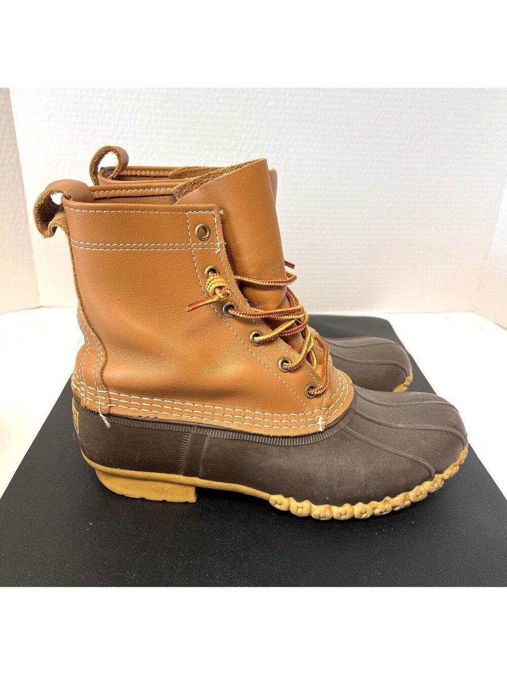 LL Bean Duck Boots Rain Waterproof Brown Leather Rubber Unlined Women’s Sz 9M